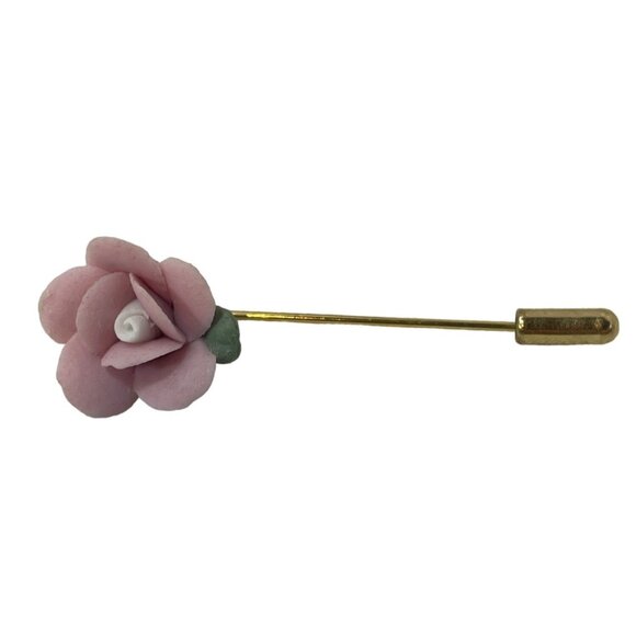 Vintage Pink Flower Lapel Pin With Gold-Tone Stick Pin - Picture 1 of 2
